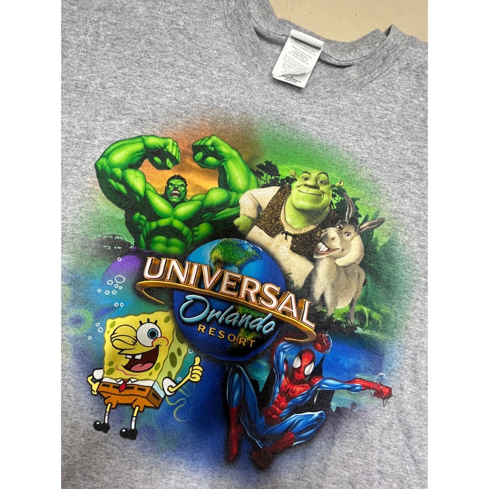 Universal Orlando Resort T Shirt Mens L Y2K Gray Shrek Spider-Man SpongeBob Hulk
